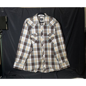 Roper Pearl Snap‎ Shirt Men's 2XL Brown Cream Plaid with a Metallic Stripe